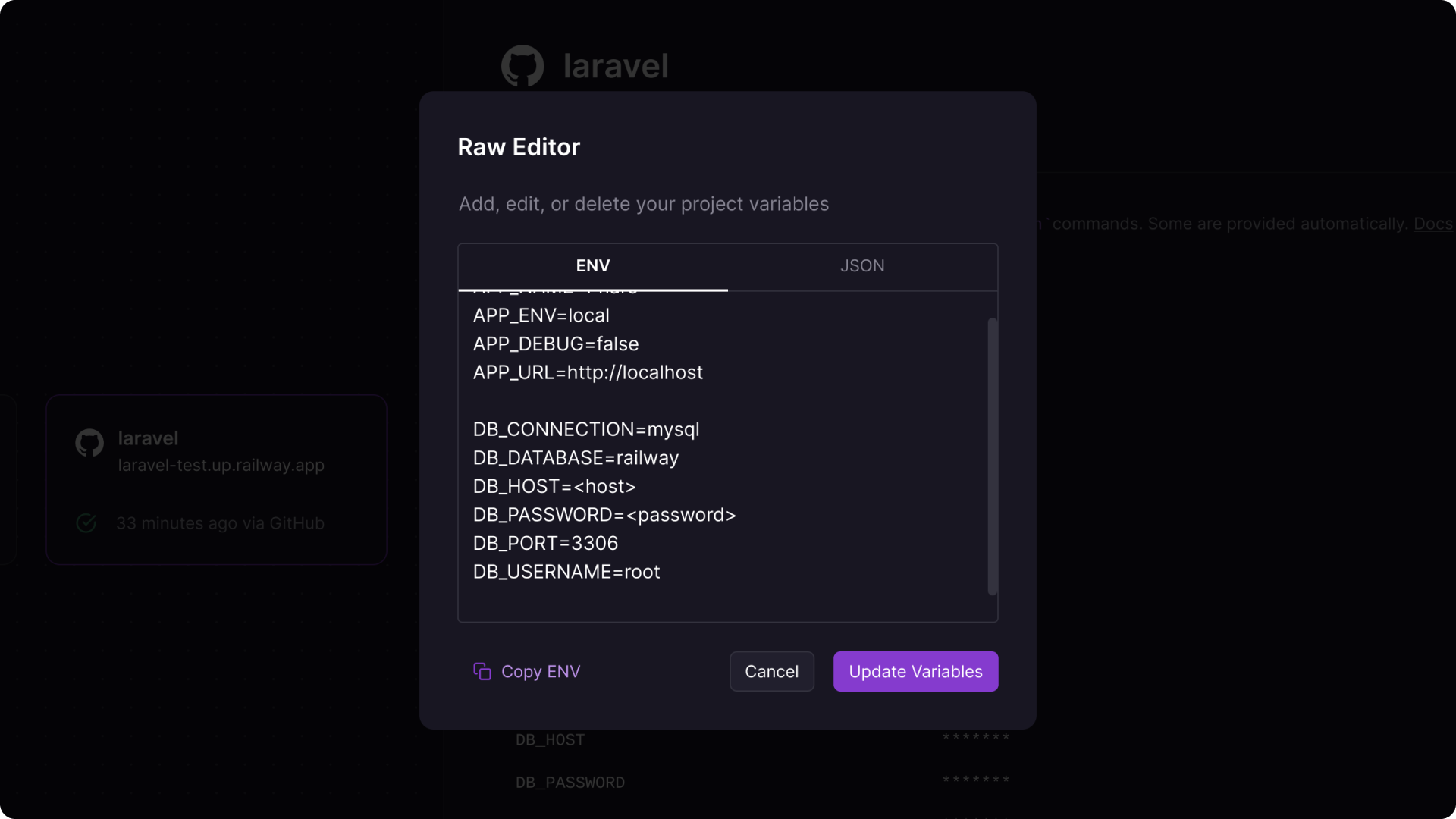 Laravel database environment variable